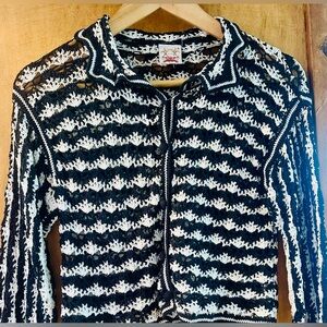 Crochet Couture Sweater/Top. 3/4- Length Sleeve. Button Front. Knit, stripes.